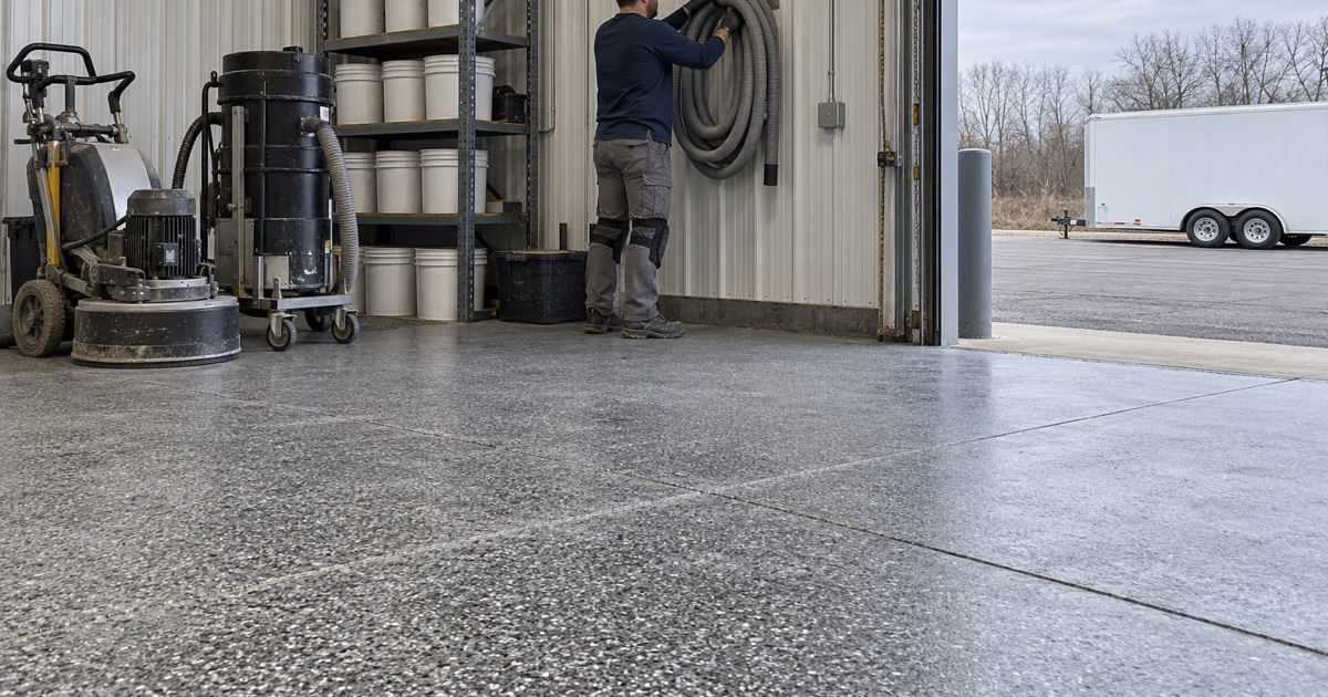 A crew member hanging a coiled extractor hose on the wall of a small floor coating shop in a Moline industrial park.
