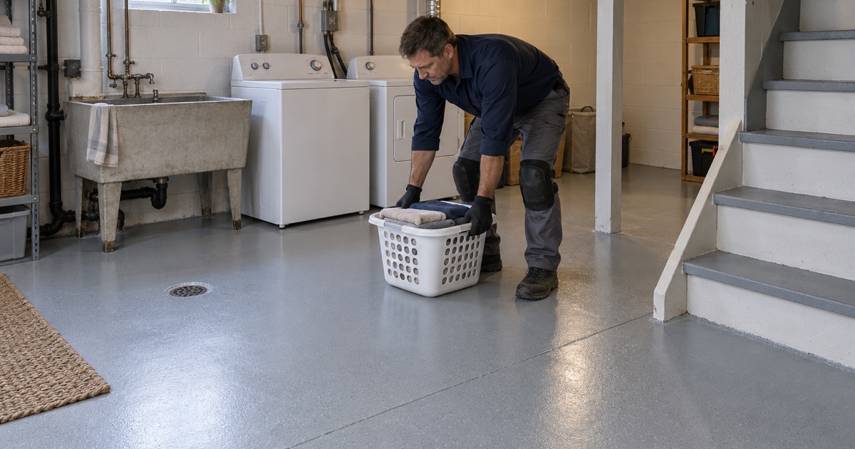 A laundry basket set down on a new light gray epoxy basement floor in an older Moline house, the floor drain left open in the coating.
