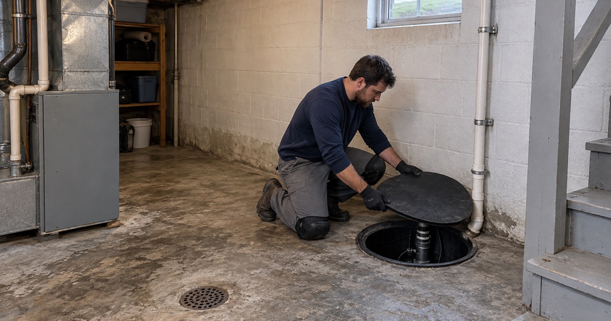 The lid lifted off the sump basin in an older Moline basement to check the pit before a coating is chosen, a floor drain in the slab beside it.