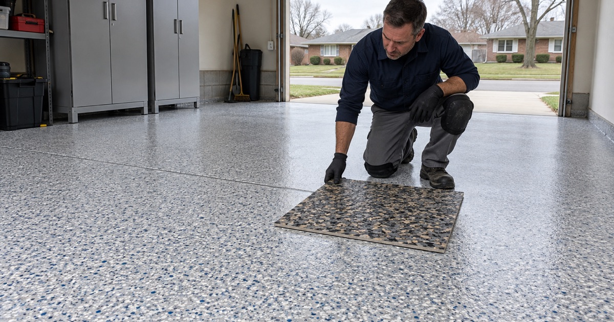 A flat sample board of a darker flake blend laid on the finished floor of a Moline ranch house garage to compare the colors in daylight.
