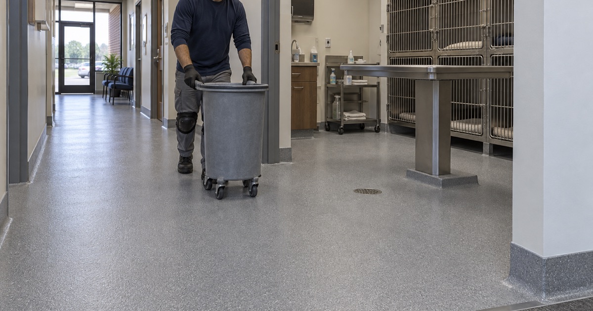 A mop bucket rolled down the new quartz-textured epoxy floor of a veterinary clinic corridor in Moline, the coved base at the wall.