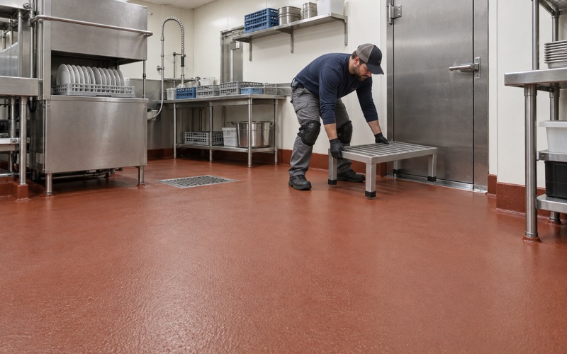 A dunnage rack set down on a new urethane cement floor with a coved base and floor sink in a Moline institutional kitchen.
