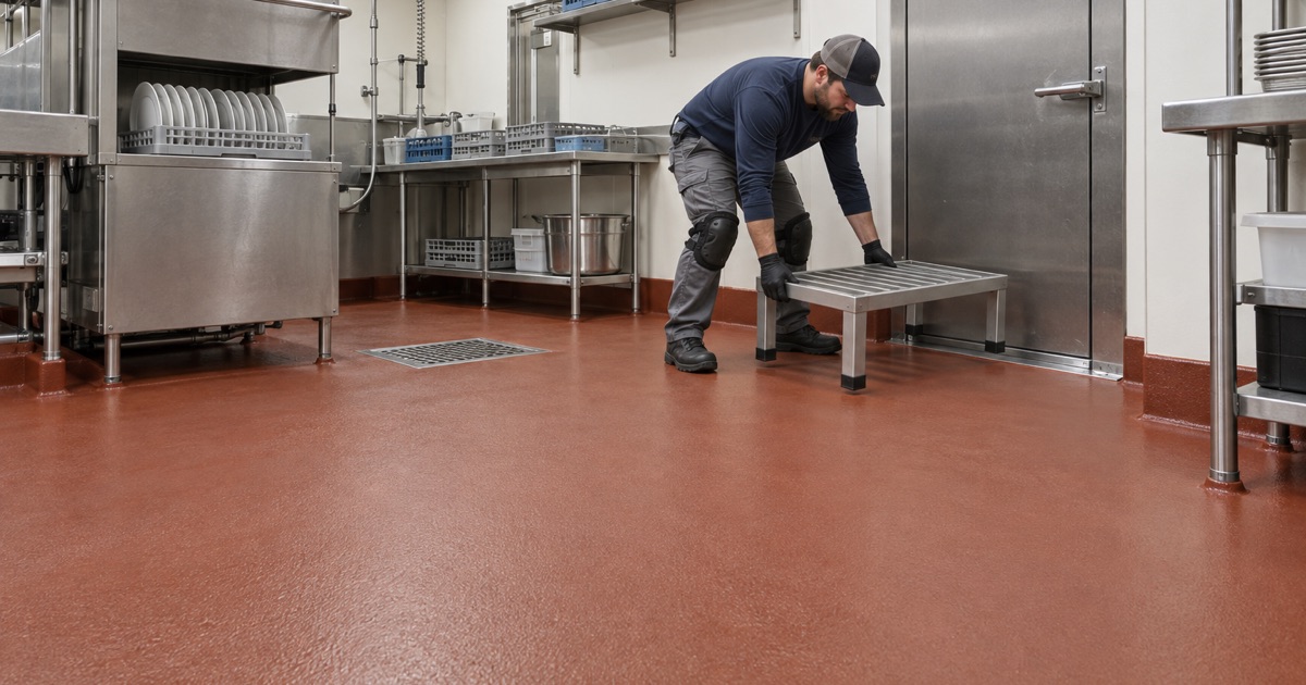 A dunnage rack set down on a new urethane cement floor with a coved base and floor sink in a Moline institutional kitchen.