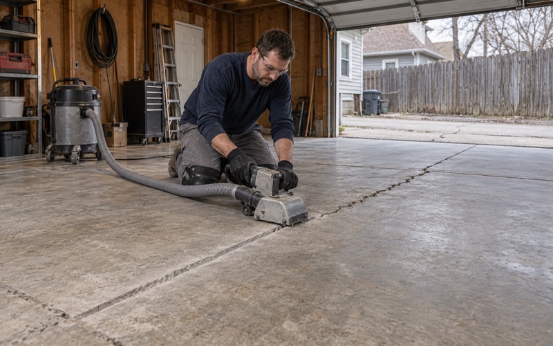 A crack-chasing grinder opening a settlement crack across a Moline detached garage slab before it is filled and coated.