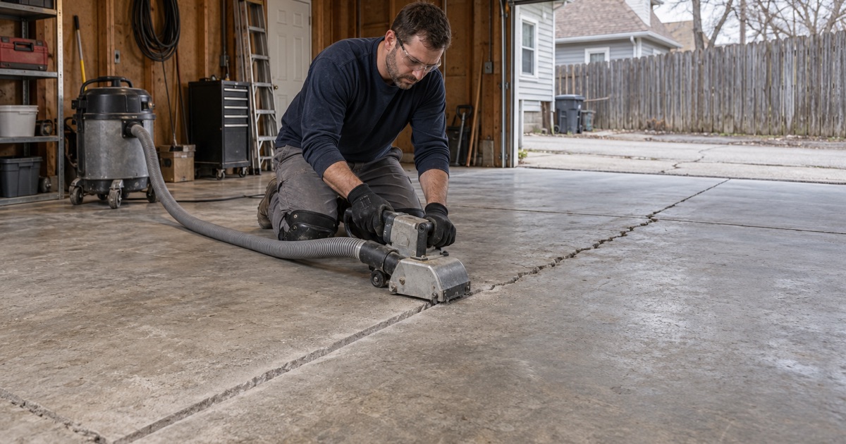 A crack-chasing grinder opening a settlement crack across a Moline detached garage slab before it is filled and coated.