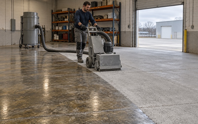 A walk-behind shot blaster stripping an old sealer off a light industrial slab in Moline, the blasted lane beside the shiny old surface.