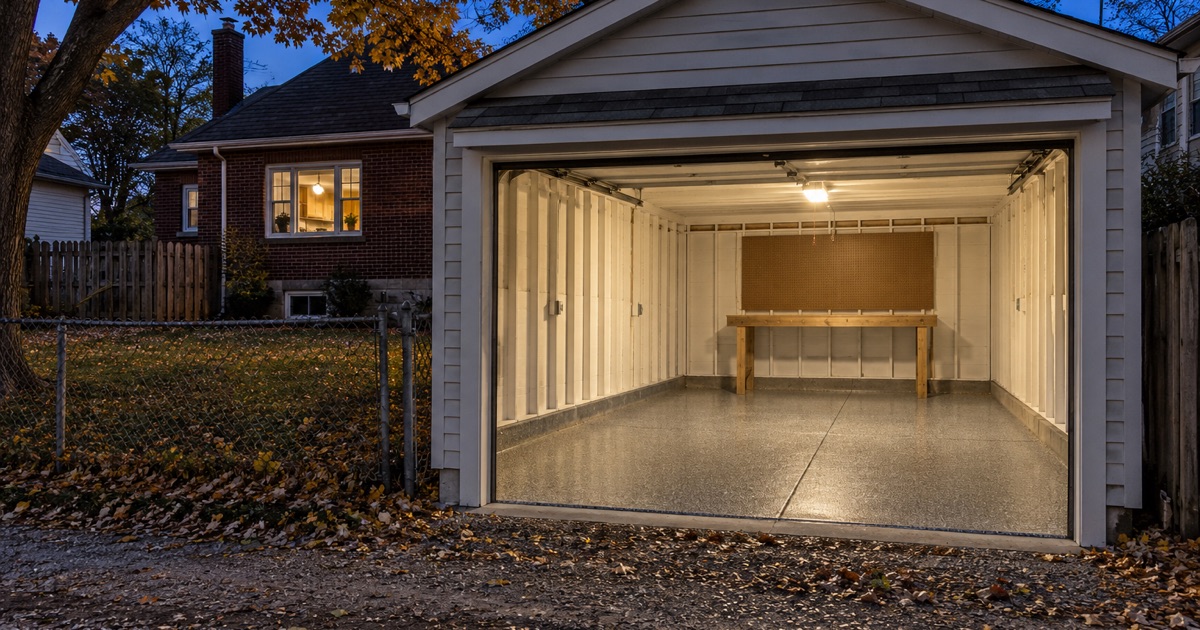 A finished charcoal and gray flake floor glowing in an open detached garage off an alley behind an older Moline house at dusk.