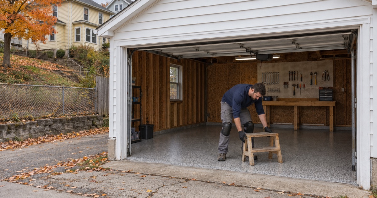 A finished gray and tan flake floor in a detached garage off a rear alley behind an older Moline frame house, a step stool set down on it.