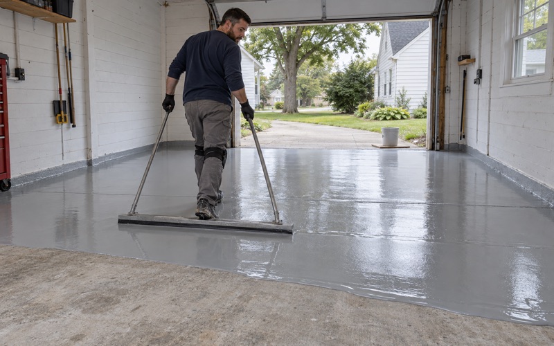 A gray epoxy base coat being drawn out with a floor squeegee across the ground slab of a detached garage behind a Moline Cape Cod.