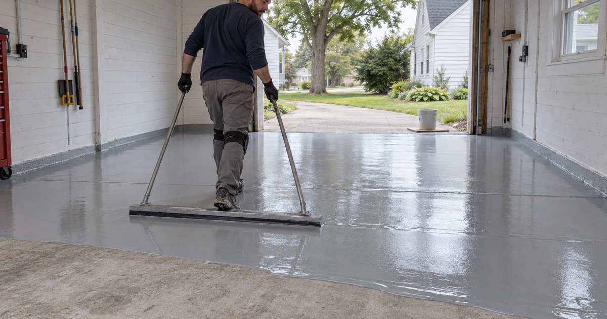 A gray epoxy base coat being drawn out with a floor squeegee across the ground slab of a detached garage behind a Moline Cape Cod.