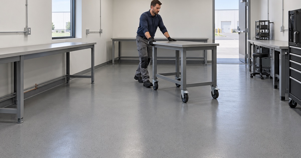 A static-safe workbench wheeled into place on a new static-dissipative epoxy floor in an electronics room in Moline.