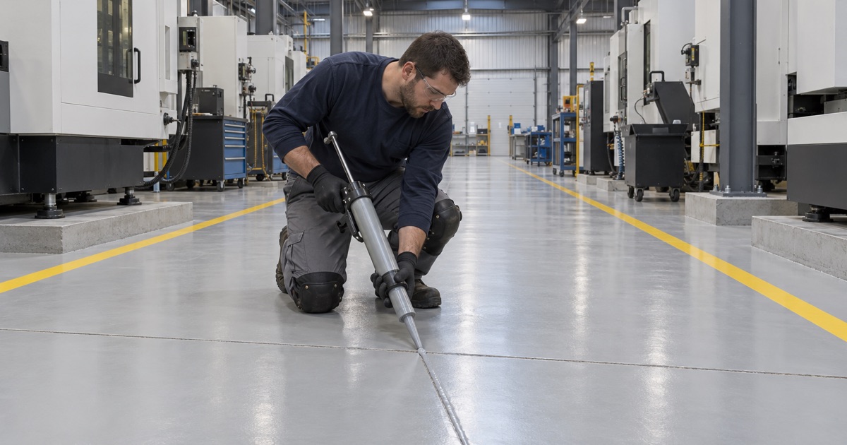 A gray joint filler bead drawn into a saw-cut joint across a high-build epoxy aisle in a Moline manufacturing plant.