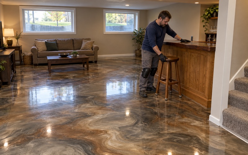 A bar stool set on a finished pearl and bronze metallic epoxy floor in the lower-level rec room of a Moline split-level house.