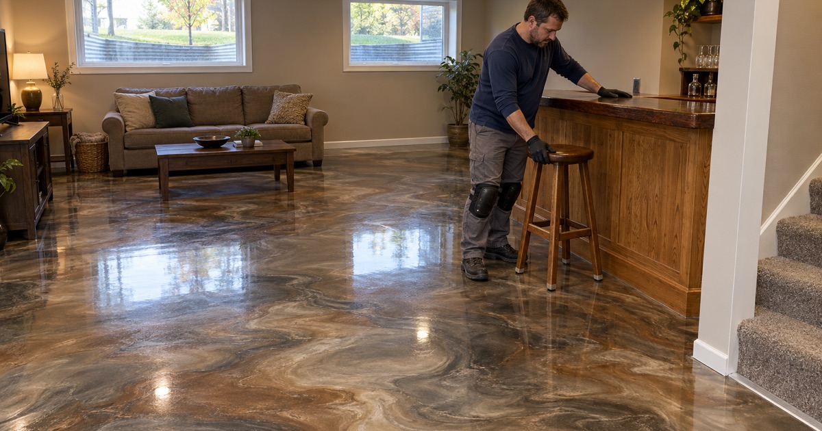A bar stool set on a finished pearl and bronze metallic epoxy floor in the lower-level rec room of a Moline split-level house.