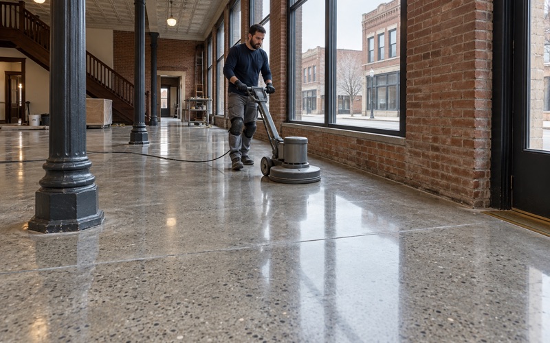 A walk-behind burnisher bringing up the final shine on a polished concrete floor in an older brick storefront in downtown Moline.