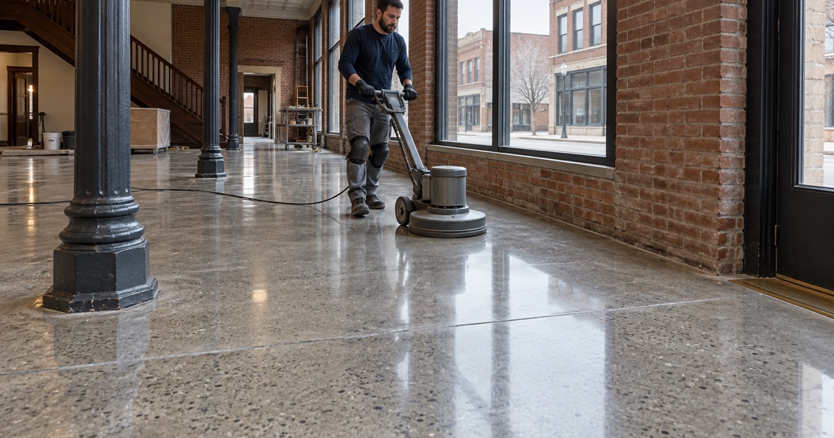 A walk-behind burnisher bringing up the final shine on a polished concrete floor in an older brick storefront in downtown Moline.