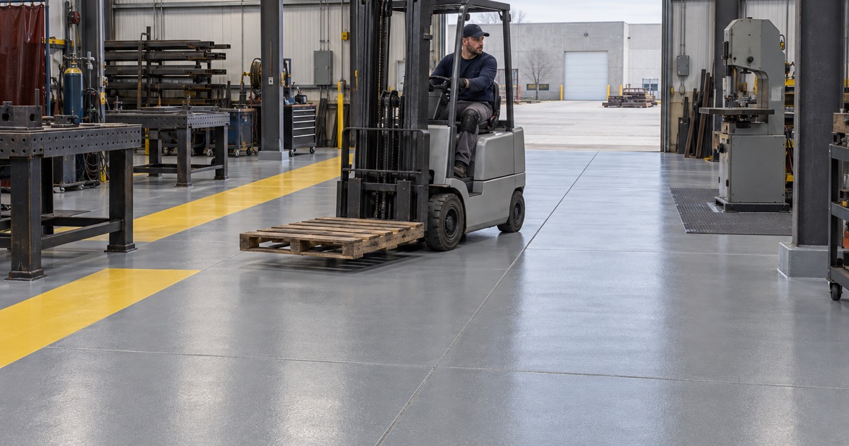 A small plain forklift driven across a new gray epoxy floor in a Moline fabrication shop, the aisle lines laid as color.