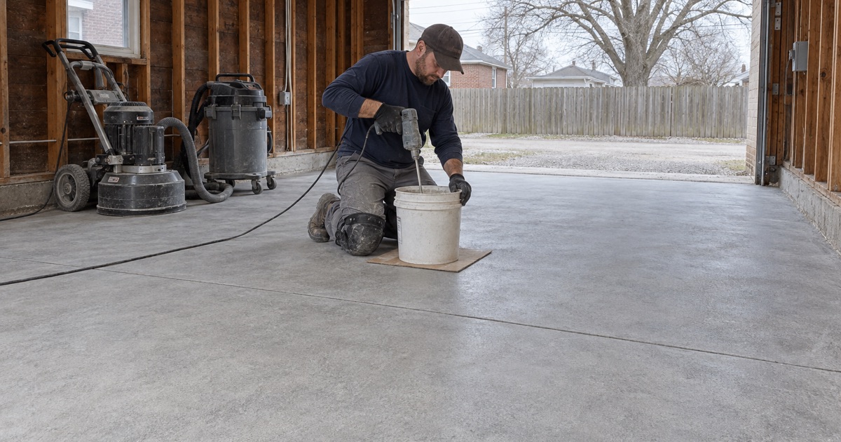 A base coat being mixed in a bucket on a freshly ground detached garage slab in Moline, the extractor and grinder parked at the side.